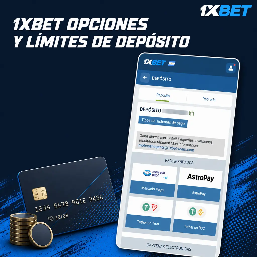 Tabla de métodos de depósito en 1xBet Argentina con montos mínimos, máximos y tiempos de acreditación sin comisión