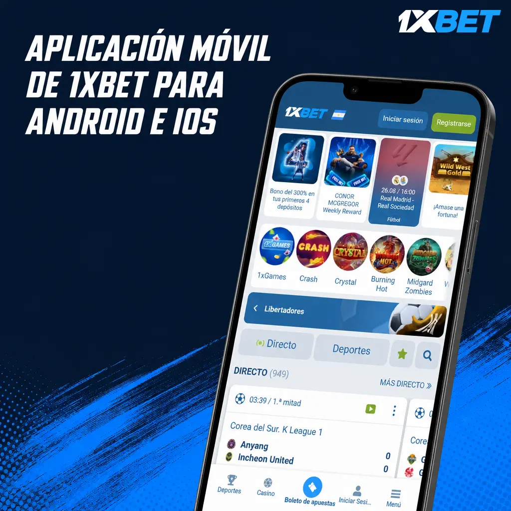 Captura de pantalla de la app móvil de 1xbet para Android e iOS con apuestas deportivas y casino