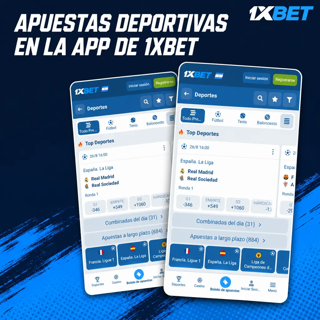 Apuestas deportivas en la app de 1xbet: fútbol, tenis, básquet y más, con Cash Out y estadísticas en vivo.