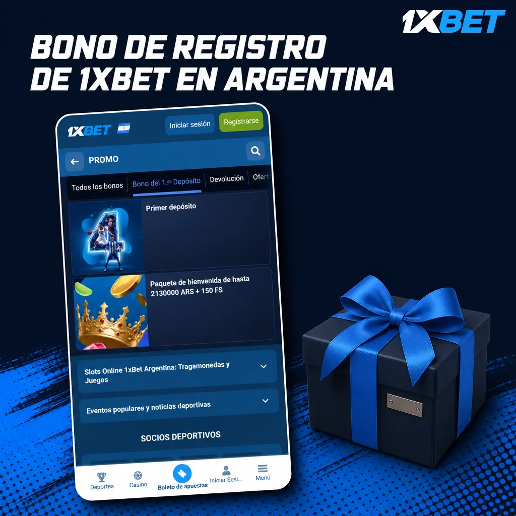 Bono de registro de 1xbet en Argentina: elegí entre bono deportivo o de casino al hacer tu primer depósito.