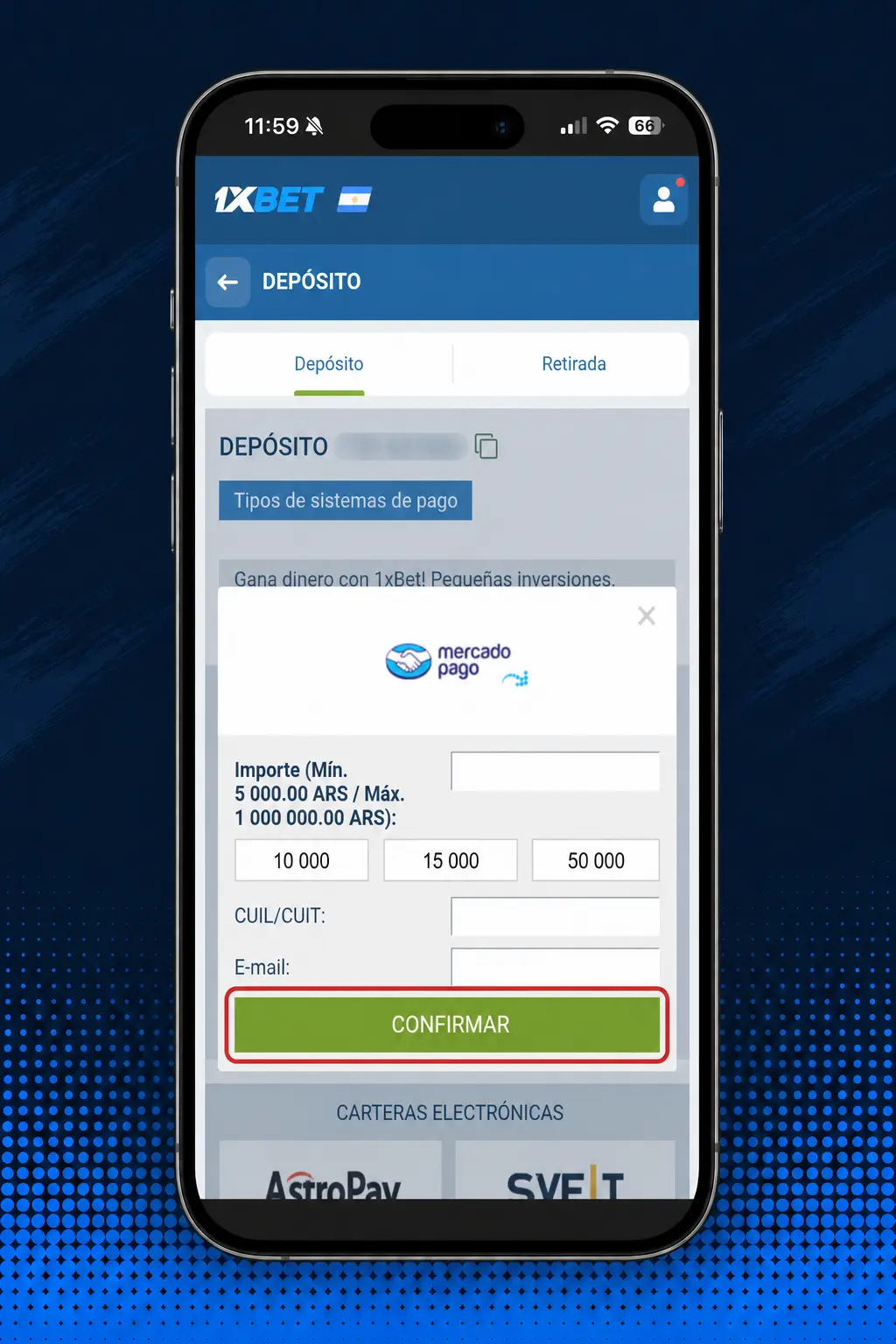 Pasos para hacer un depósito en 1xBet: iniciar sesión, elegir método de pago, cargar monto y confirmar la operación.