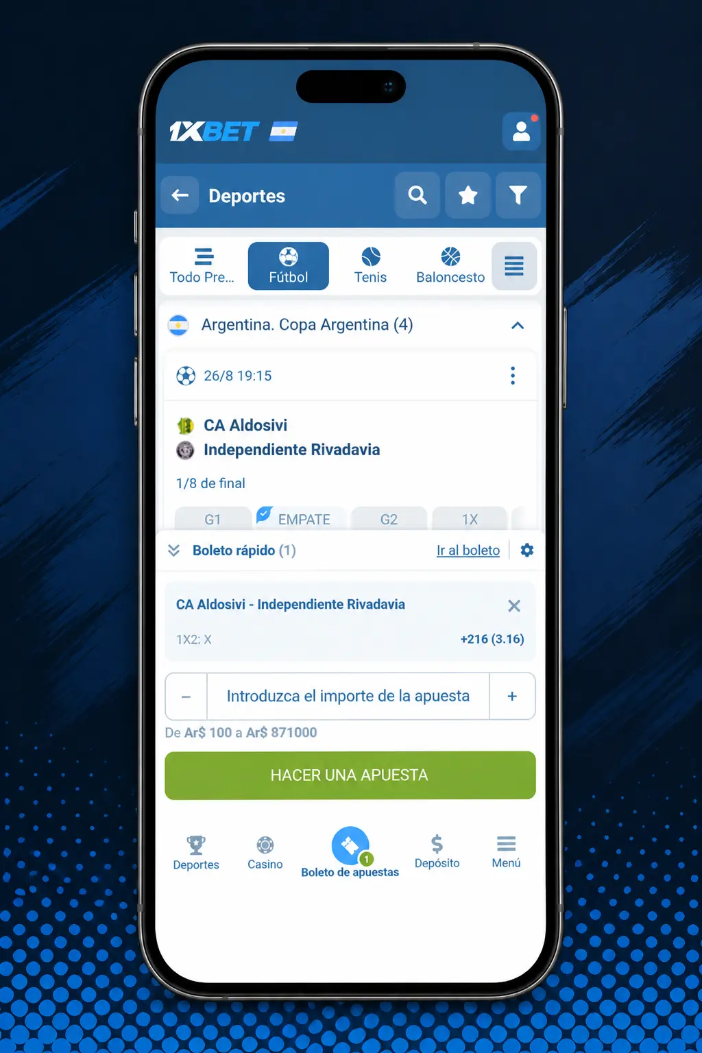 Captura de pantalla móvil mostrando el cupón de apuestas deportivas en 1xbet con cuotas y monto en ARS
