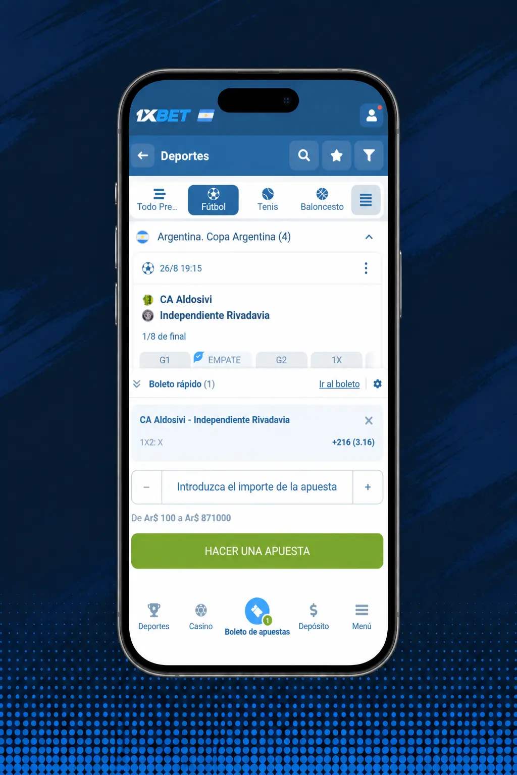 Pasos para registrarse, depositar y realizar una apuesta en 1xbet desde el sitio web en Argentina.