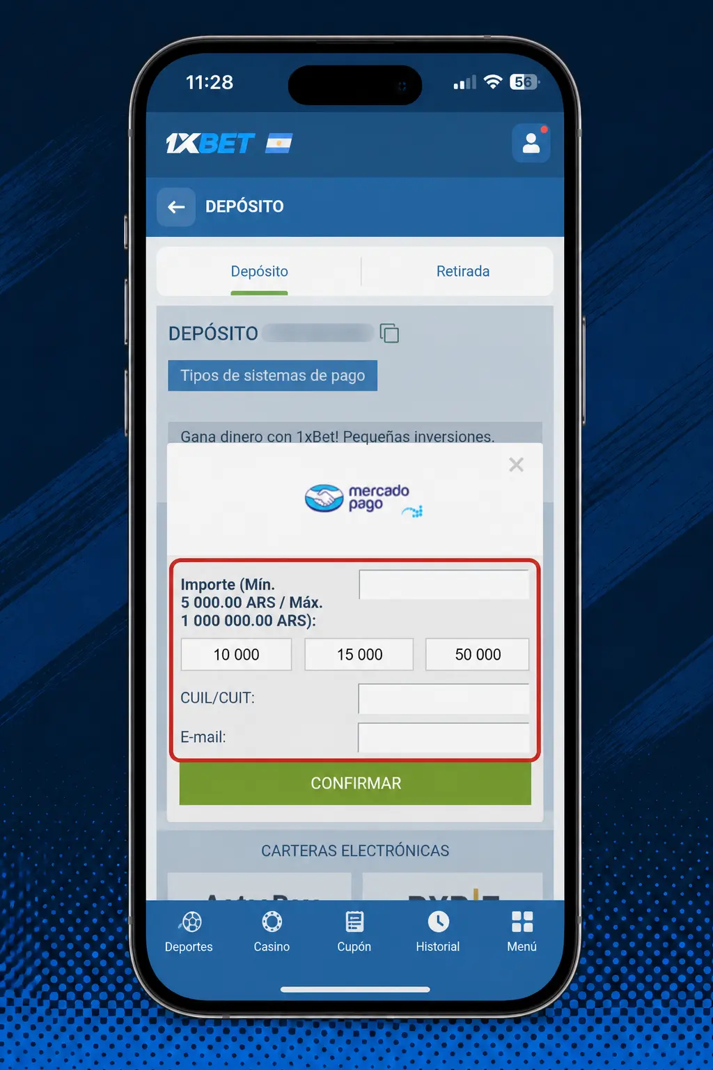 Pasos para reclamar un bono de 1xbet: registro, elección de depósito y verificación del saldo en Mi Cuenta.