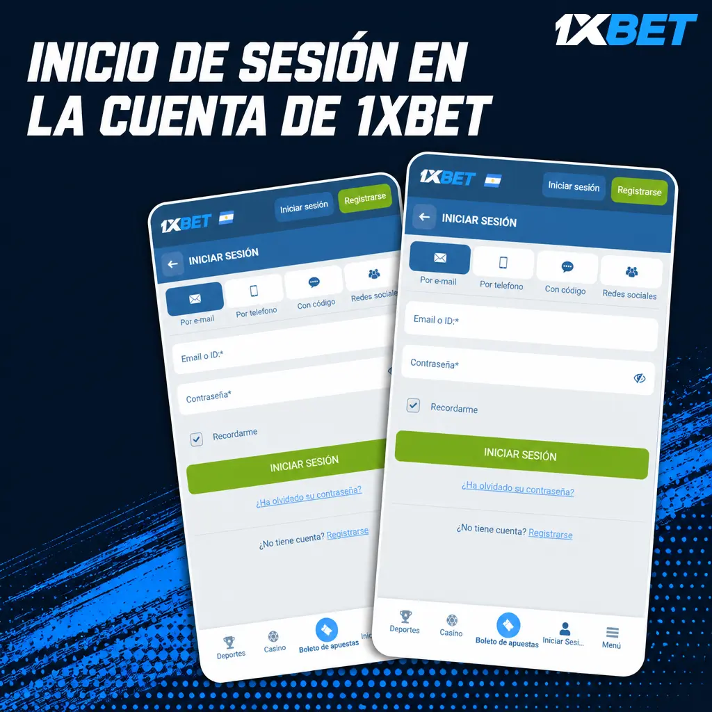 Pantalla de inicio de sesión en 1xbet mostrando los campos para usuario, contraseña y verificación en dos pasos
