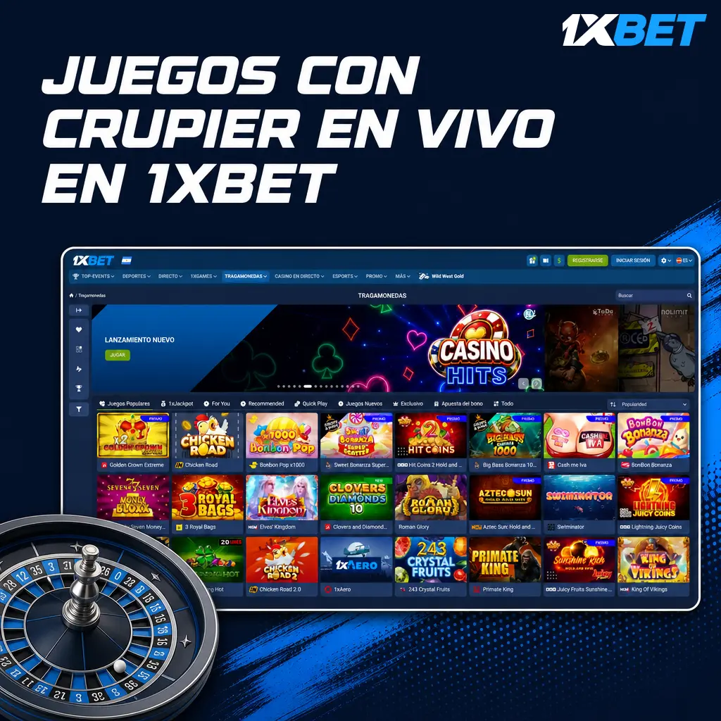 Mesa de casino en vivo en 1xbet con crupier real transmitiendo ruleta, blackjack y bacará en estudio profesional