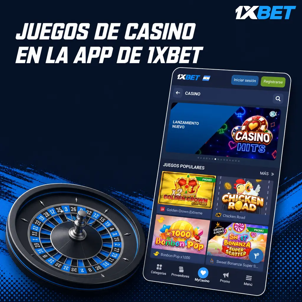 Catálogo de juegos de casino en la app de 1xbet con tragamonedas, crash, mesa, en vivo y modo demo para móvil.