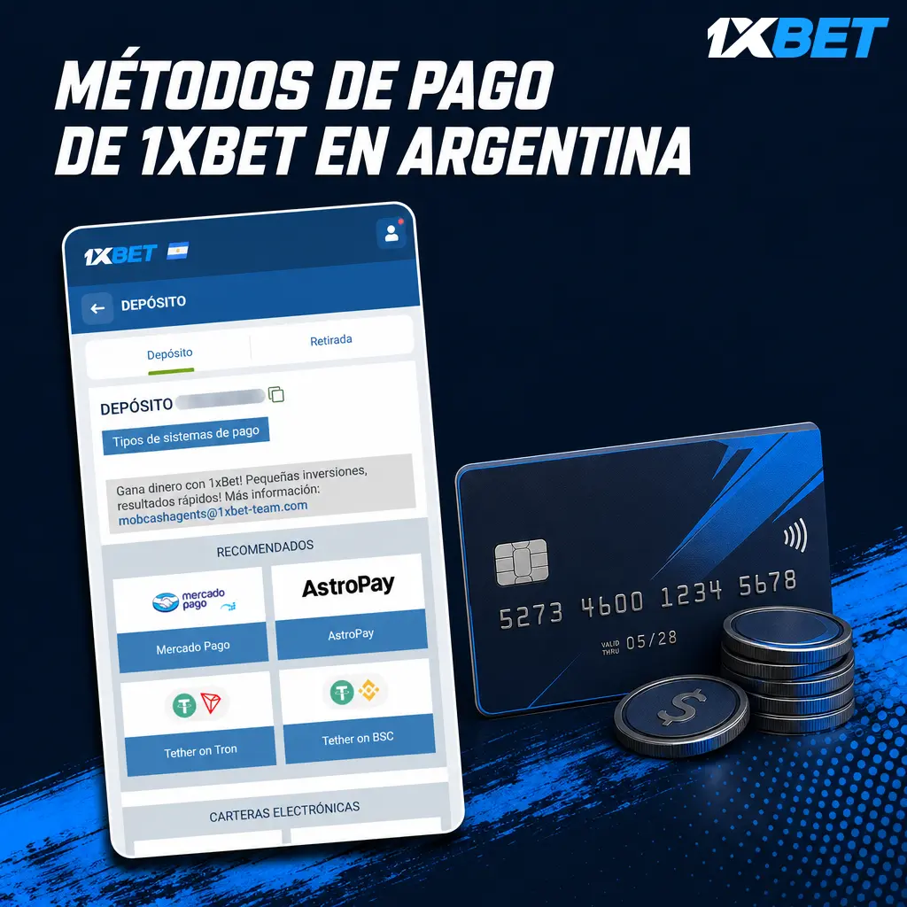 Tabla de métodos de pago de 1xbet en Argentina con montos mínimos, máximos y tiempos de procesamiento.