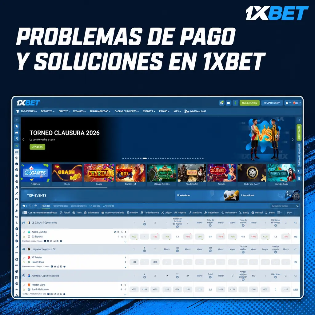 Tabla de problemas de pago comunes en 1xbet con causas probables y soluciones para depósitos y retiros rechazados o demorados.