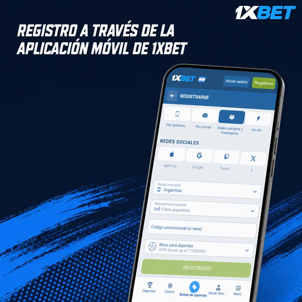 Registro en la aplicación móvil de 1xbet para Android e iOS con formulario similar a la versión de escritorio