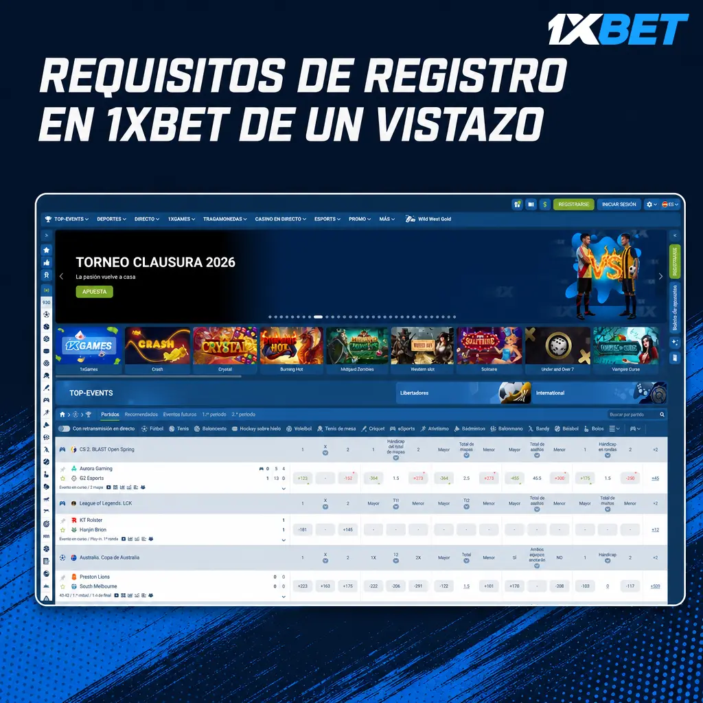 Tabla con los requisitos de registro en 1xbet Argentina: edad, documentos, moneda y bono de bienvenida