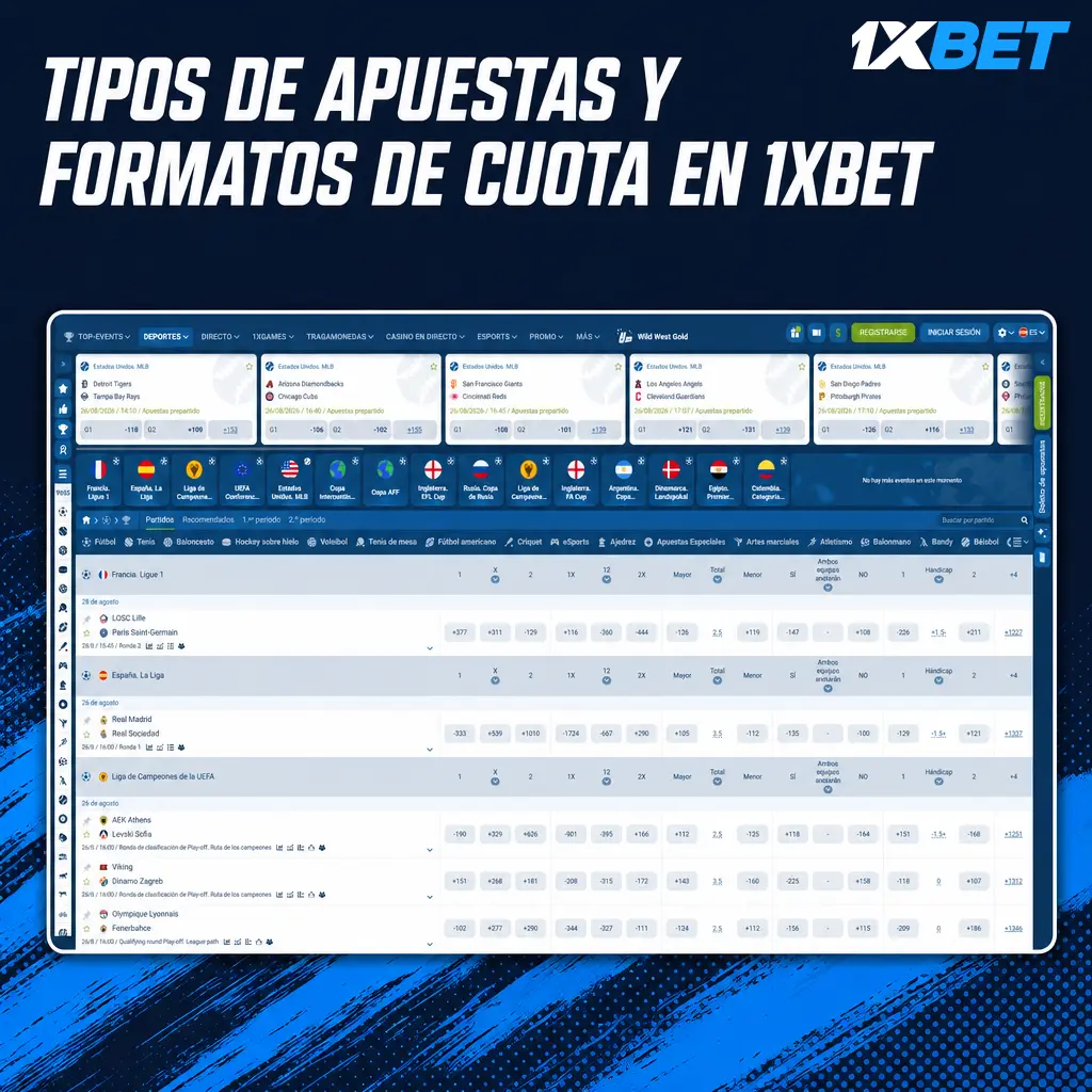Tipos de apuestas en 1xbet: simples, combinadas, sistema, hándicap, más/menos y ganador del torneo, con cuotas configurables.
